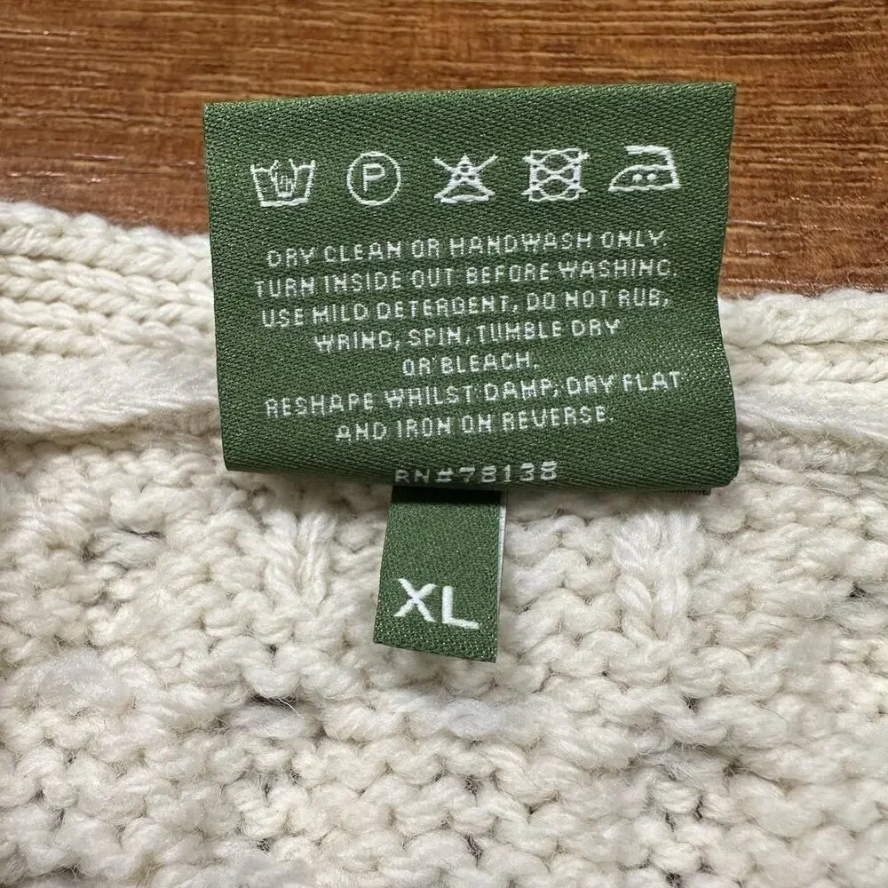 Shannon Woolen Mills Cable Knit Sweater Mens XL Ivory Merino Wool V Neck Ireland